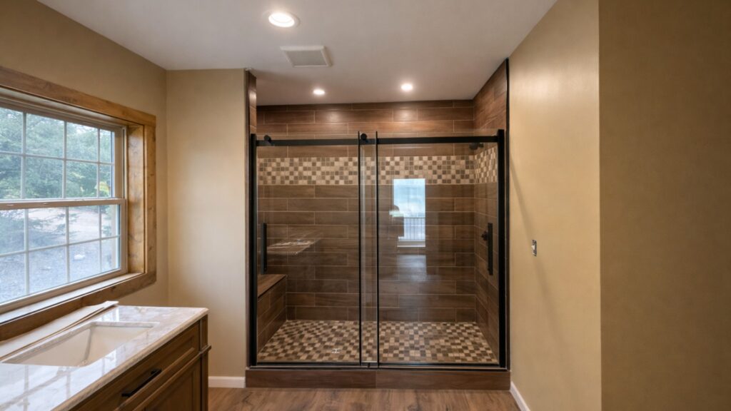 Custom tiled shower renovation with dark wood-look tile and glass enclosure