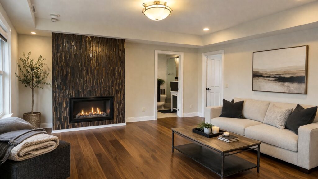 Interior living room renovation with fireplace feature wall and hardwood flooring