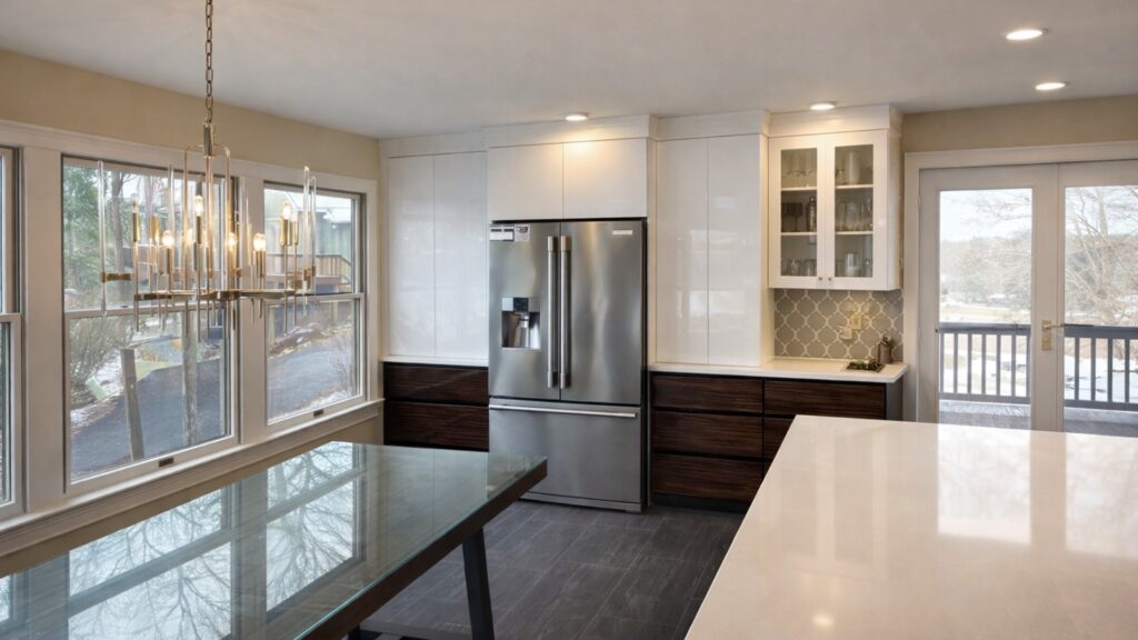 Finished kitchen renovation with white cabinetry, dark lower cabinets, and quartz surfaces