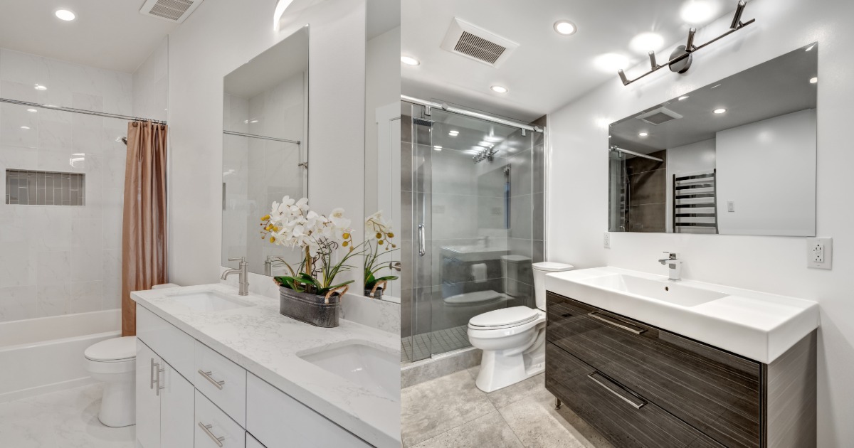Comparison of two bathroom renovations showing how scope, finishes, and layout affect renovation cost