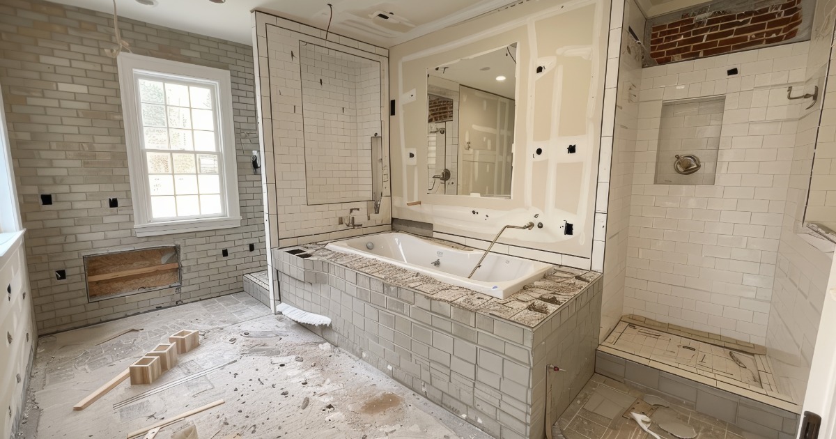 Bathroom renovation in progress showing demolition, exposed framing, and rough plumbing work