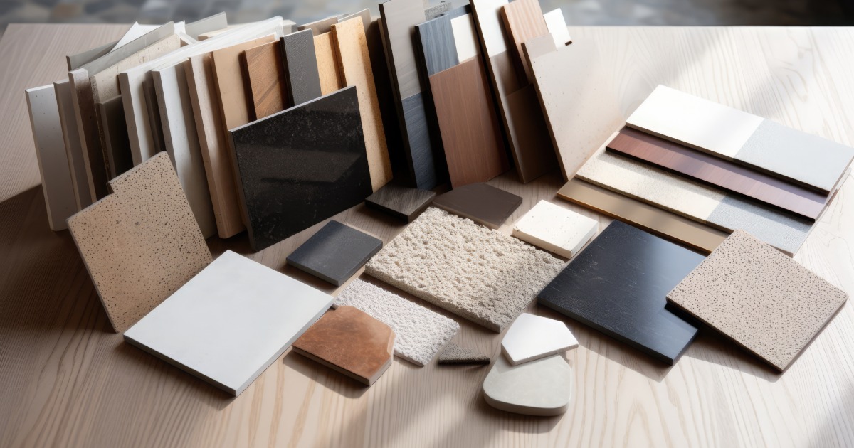 Kitchen renovation material samples including countertops, tile, cabinet finishes, flooring, and hardware