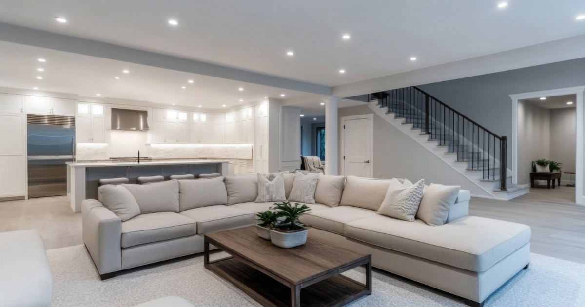 Well-planned finished basement renovation with durable finishes, comfortable lighting, and functional layout