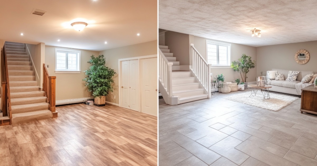 Comparison of two basement renovations showing how layout, scope, and finish level affect project cost